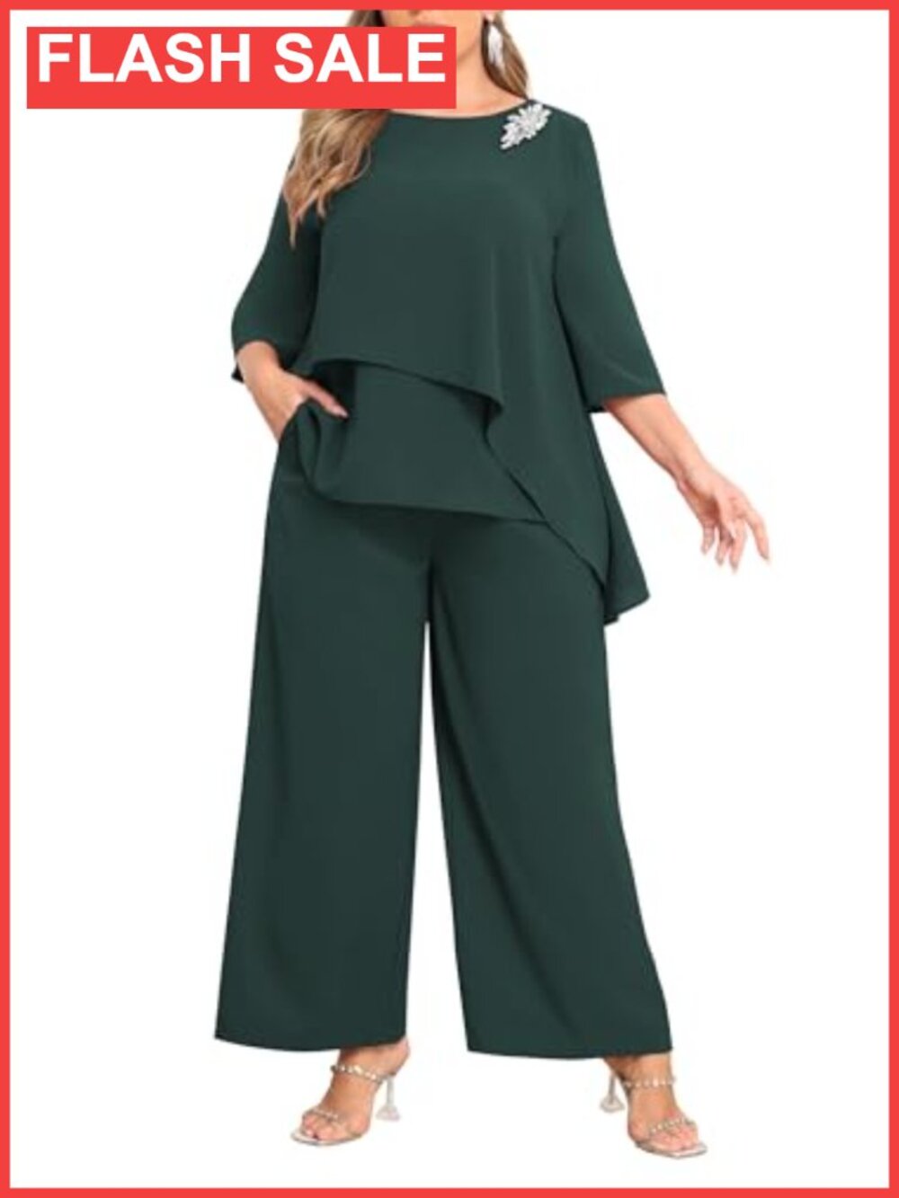 Plus Size Chiffon Ruffle Cape Sleeve Pantsuit